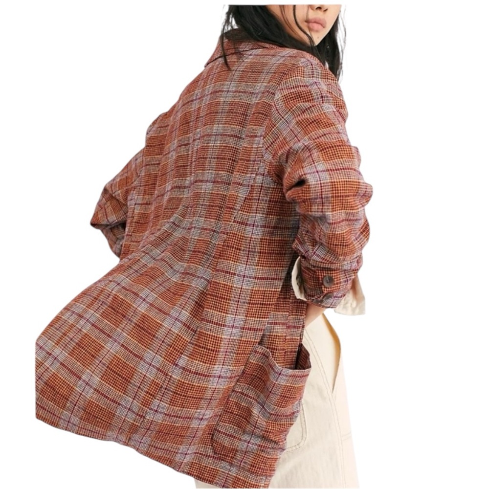 Free People Plaid Oversized Blazer Jacket Small Burgundy Yellow Boyfriend - Picture 2 of 11